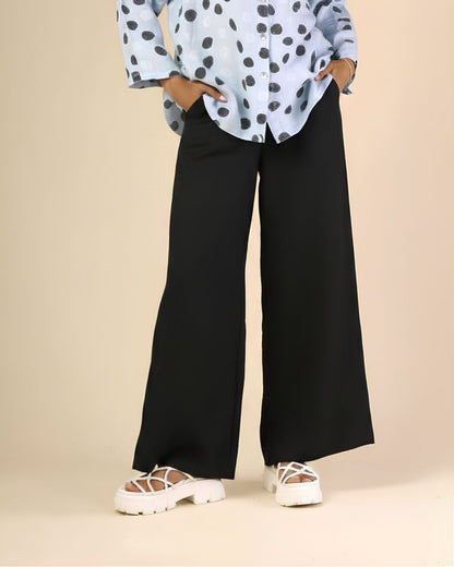 Linen Flat Front Palazzo Pants in Black | Fenini