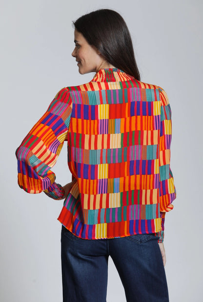 High Collar Blouse in Multicolor Geo Print | APNY