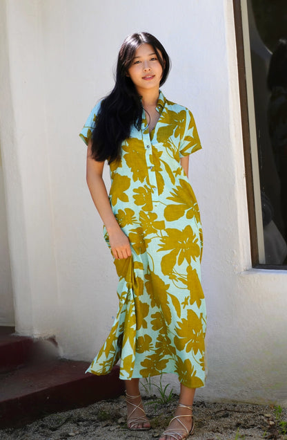 Carrie Cotton Dress in Turquoise & Olive