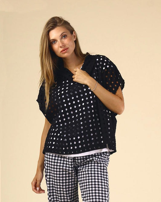 Eyelet Boxy Top in Black | Fenini