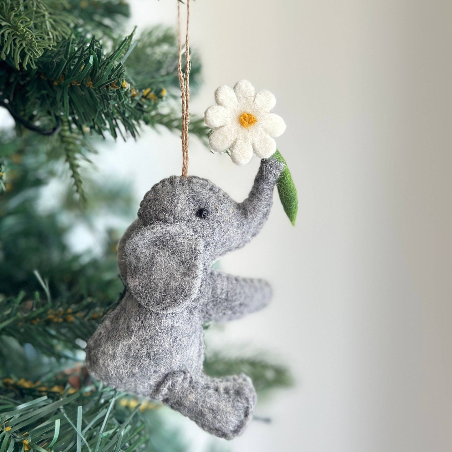 Felt Elephant with White Flower Ornament