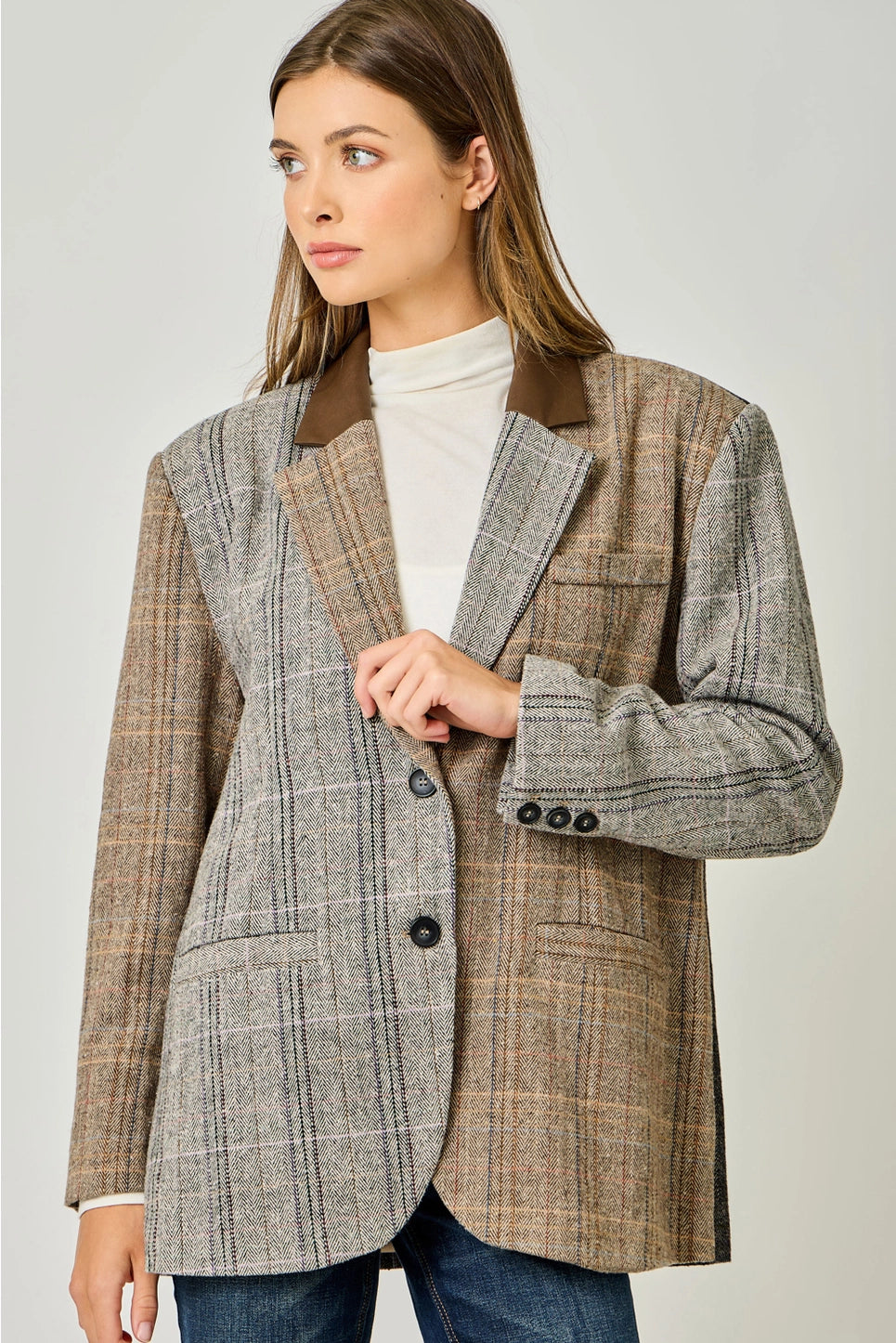 Mixed Plaid Blazer in Latte