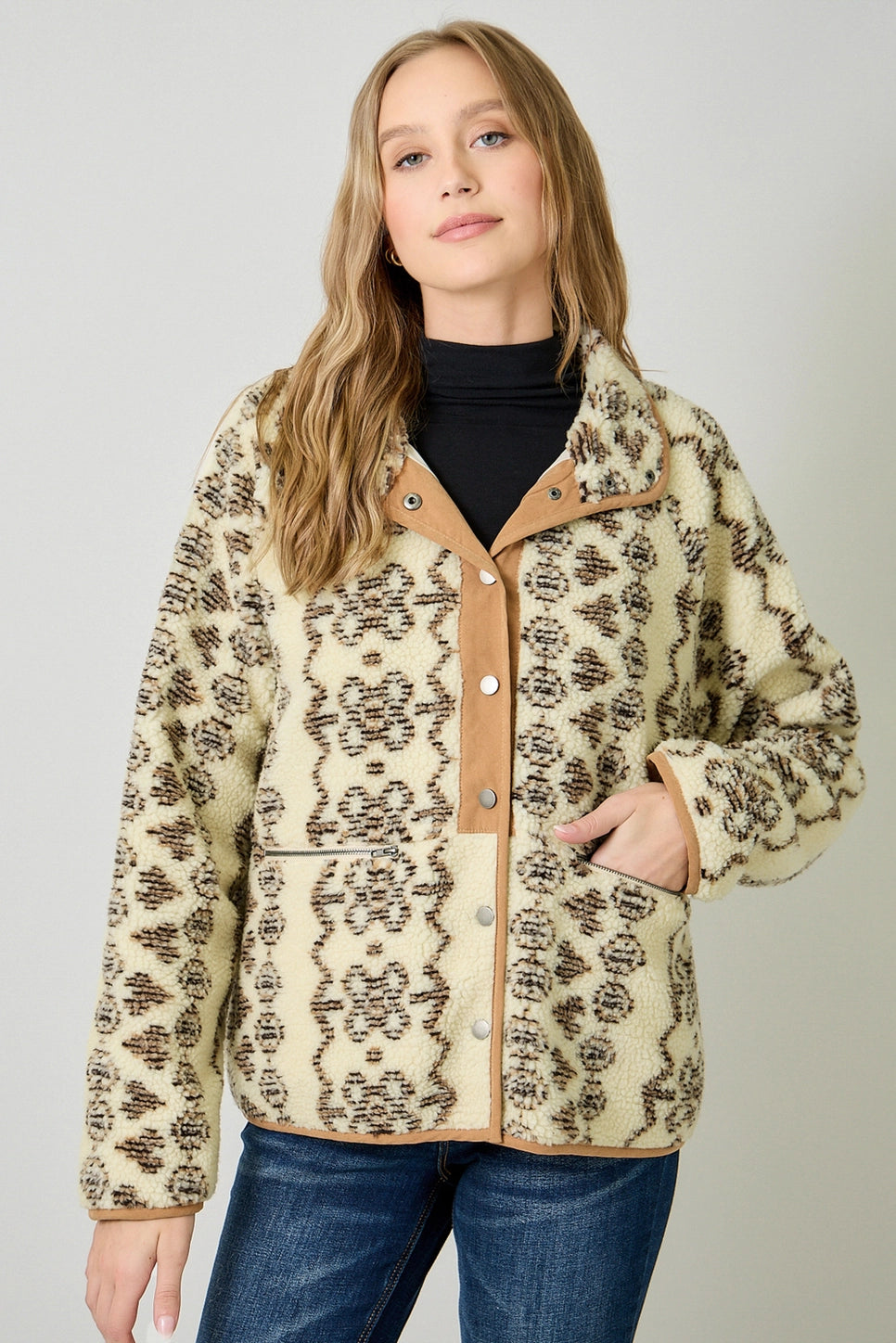 Printed Fleece Jacket in Cappuccino