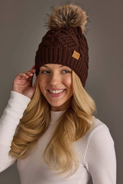 Dark Brown Cable Knit Pom Hat