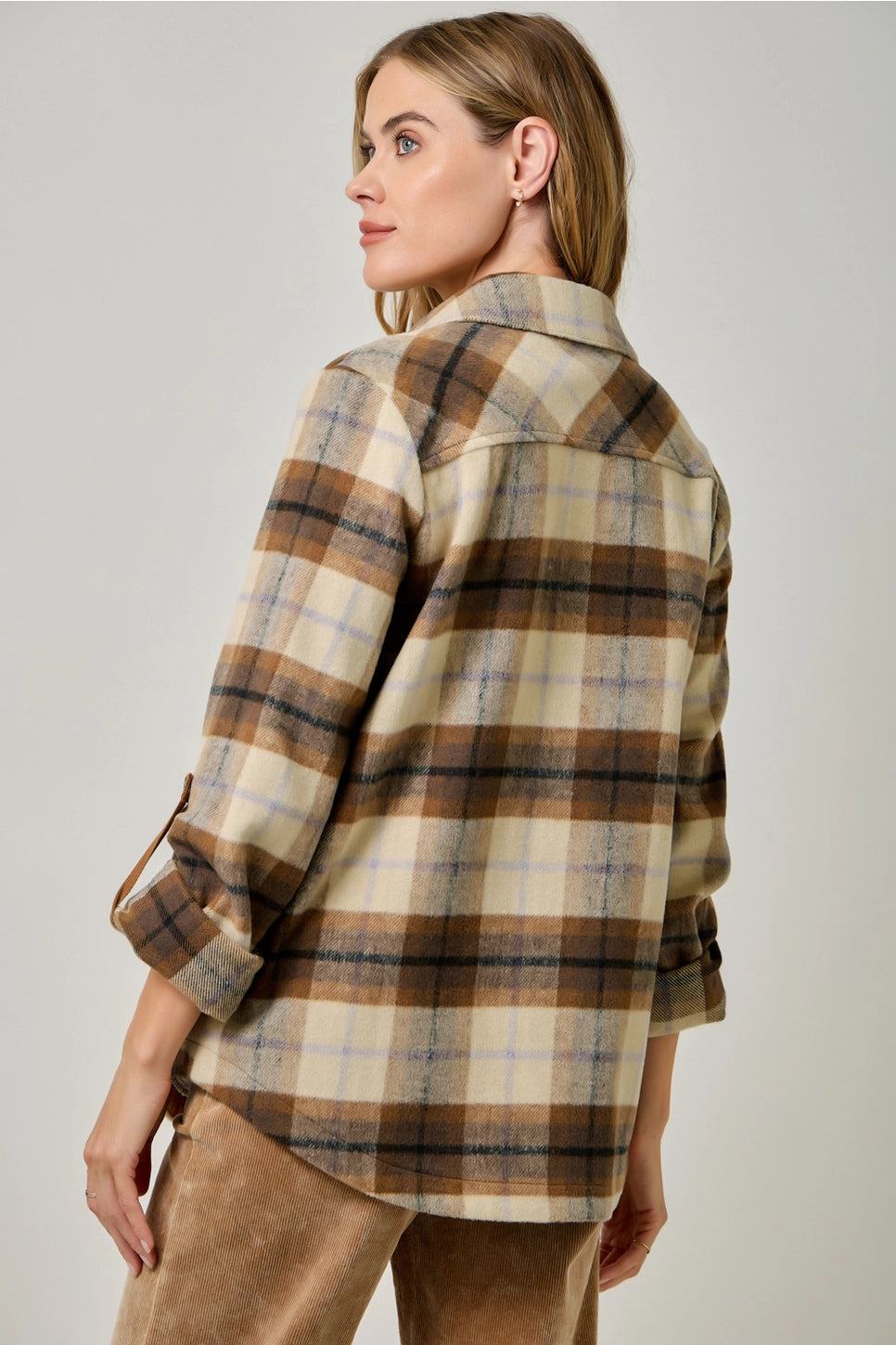 Brushed Shirt Jacket in Toffee Plaid