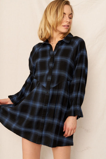 Plaid Button Dress in Navy