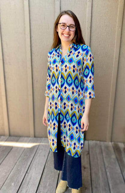 Button Up Tunic in Blue Diamonds