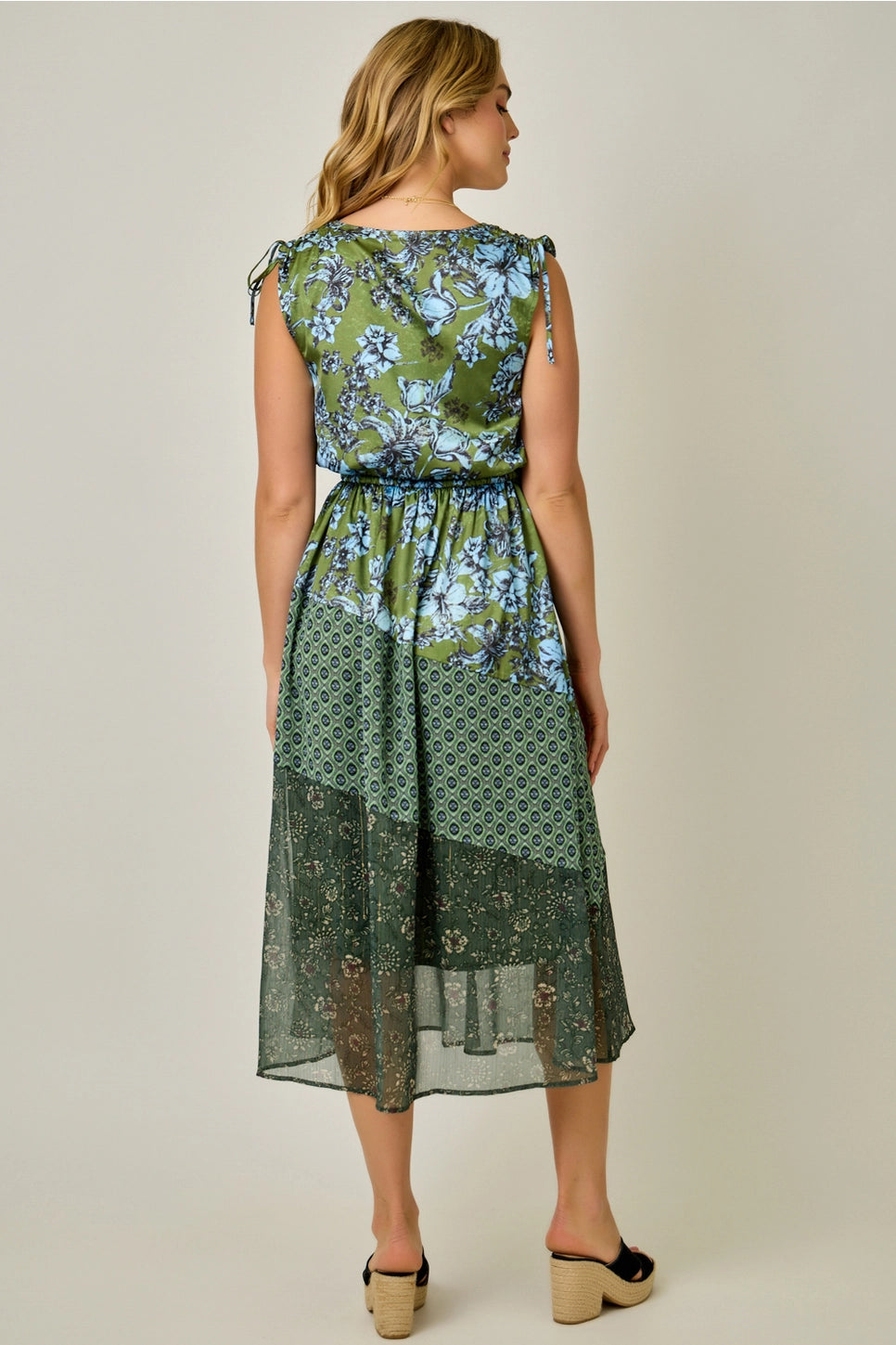 Mixed Print Floral Dress in Emerald