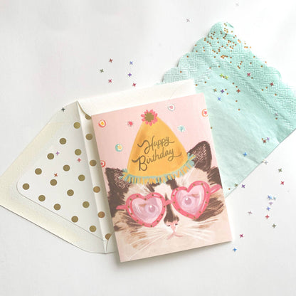 Happy Birthday Cat with Heart Glasses Card