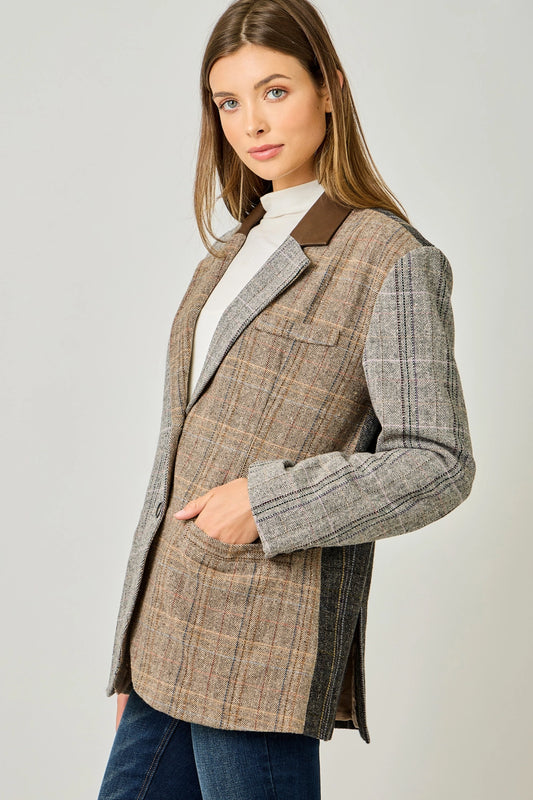 Mixed Plaid Blazer in Latte