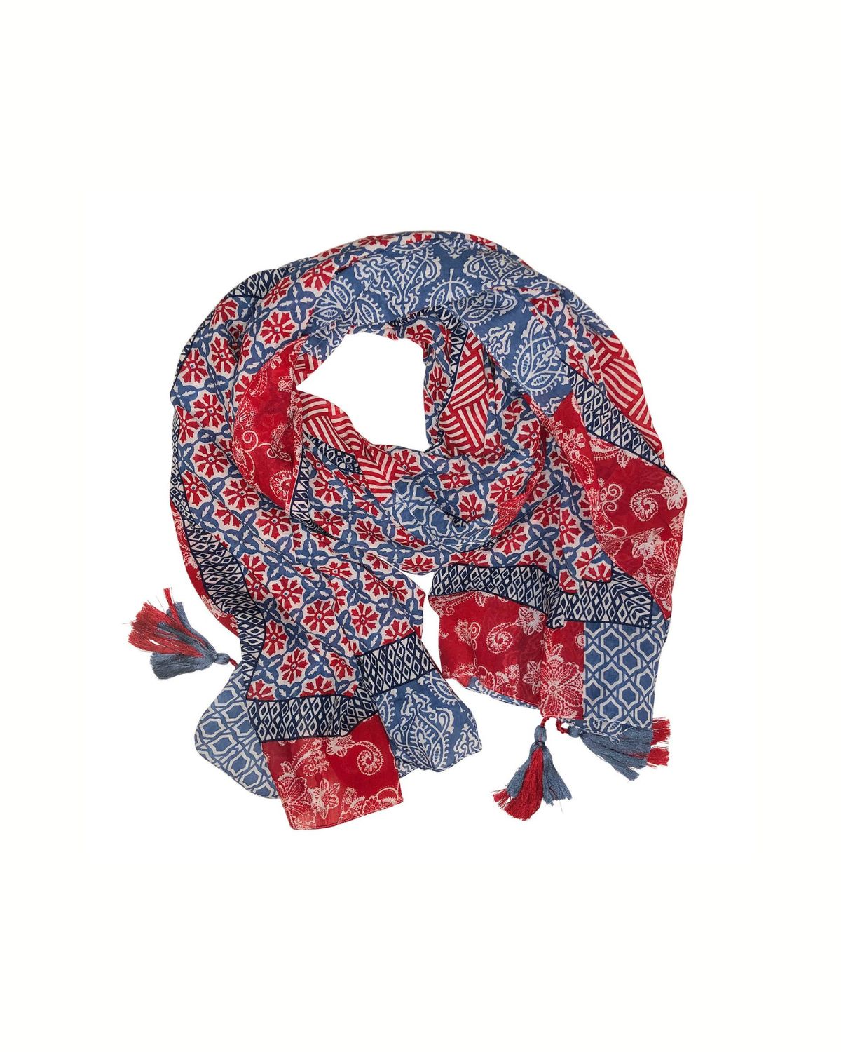 Sahana Tassel Scarf in Red & Navy