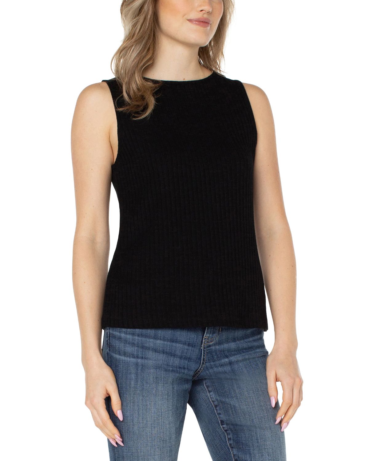 Sleeveless Boat Neck Rib Knit Top in Black | Liverpool