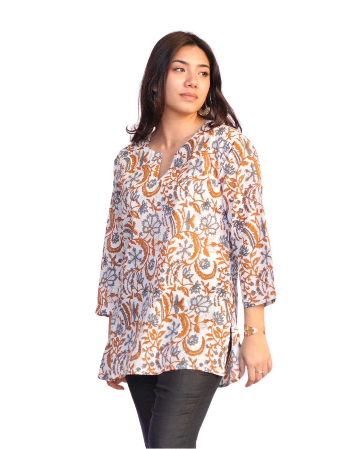Cotton Tunic Top in Rust & Gray Print