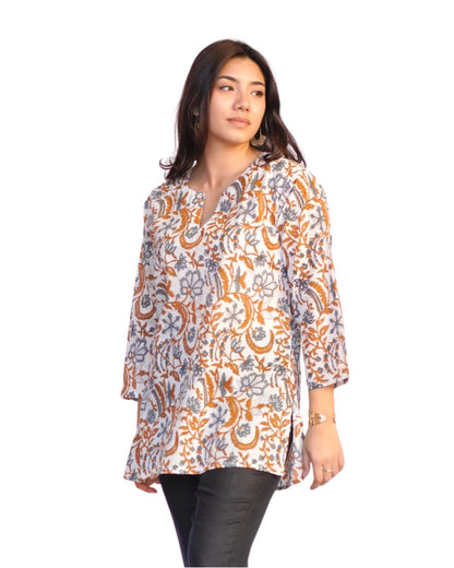 Cotton Tunic Top in Rust & Gray Print