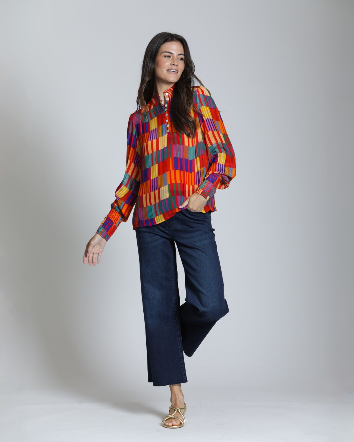 High Collar Blouse in Multicolor Geo Print | APNY