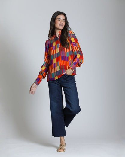 High Collar Blouse in Multicolor Geo Print | APNY