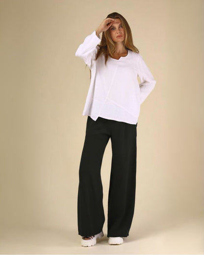 Linen Flat Front Palazzo Pants in Black | Fenini