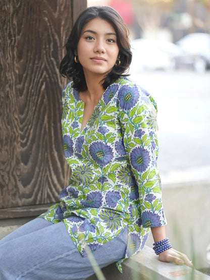 Cotton Tunic Top in Periwinkle & Green Floral