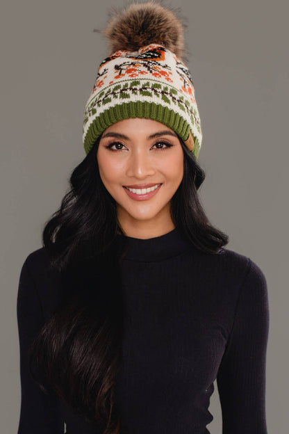 Olive & Cream Bird Pattern Pom Hat