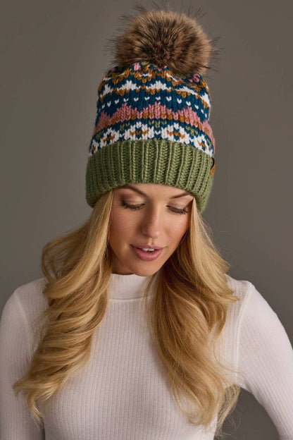 Green, Blue, Pink & Brown Patterned Pom Hat