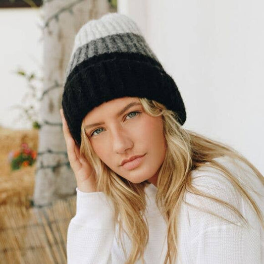 Color Block Knit Beanie In Black/Gray