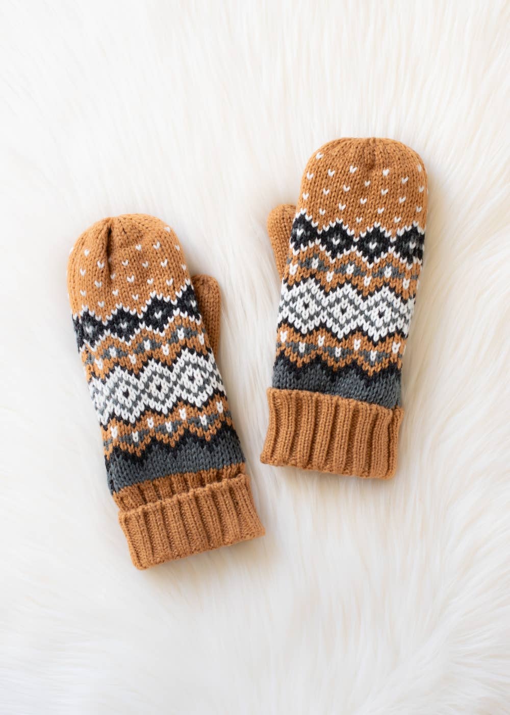 Camel, Black, & White Patterned Mittens
