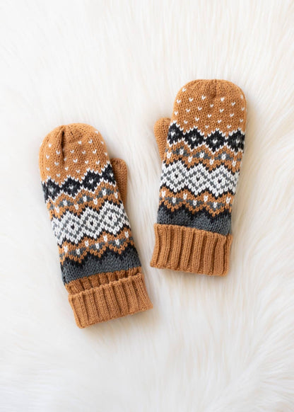 Camel, Black, & White Patterned Mittens