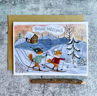 Skiing Foxes Holiday Card