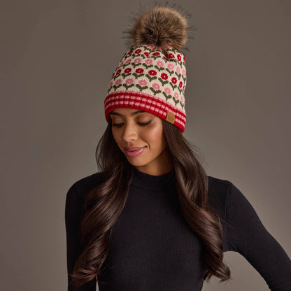 Cream, Red & Pink Floral Pattern Pom Hat