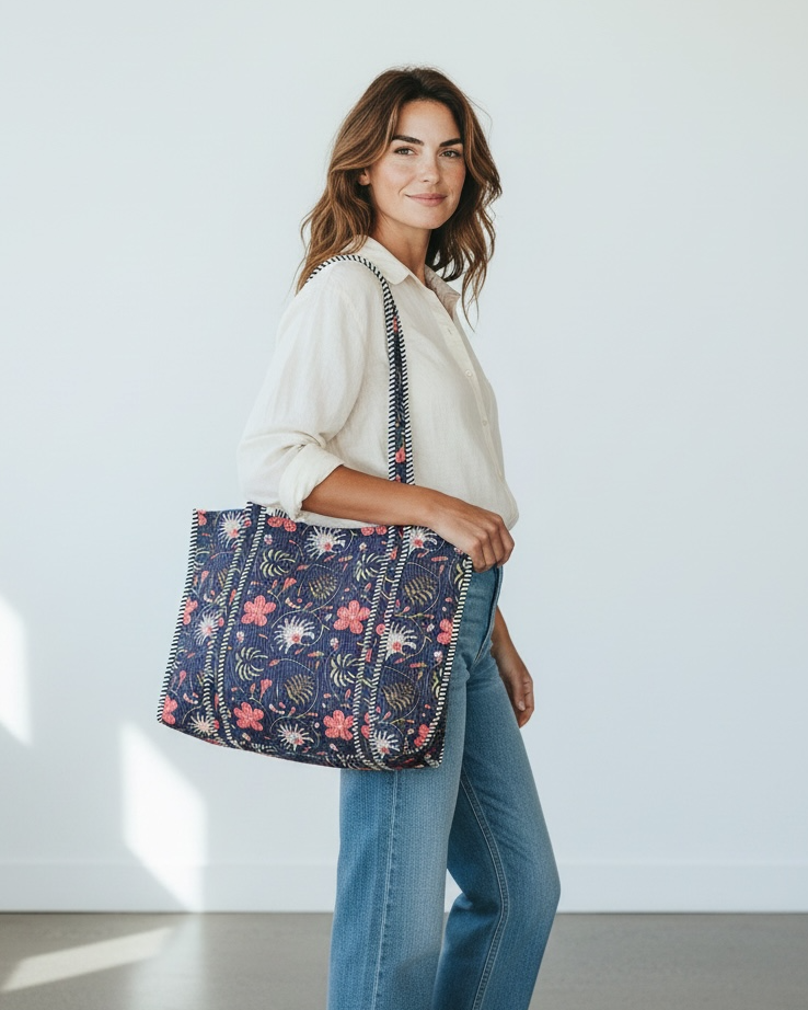Quilted Cotton Bag in Blue & Pink Floral