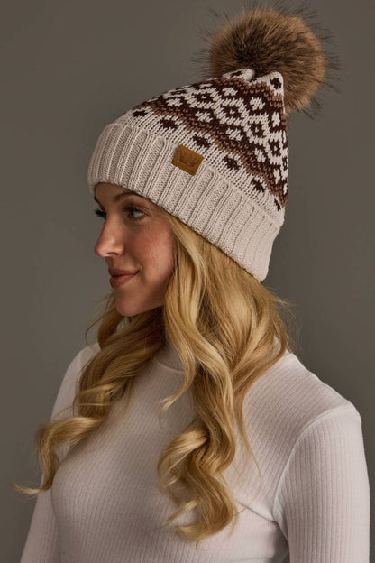 Taupe, Brown & Mocha Patterned Pom Hat