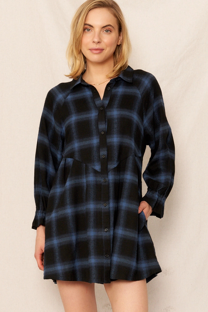 Plaid Button Dress in Navy