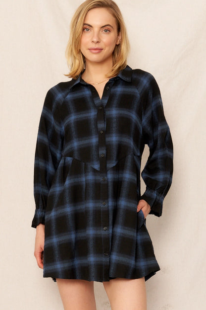 Plaid Button Dress in Navy