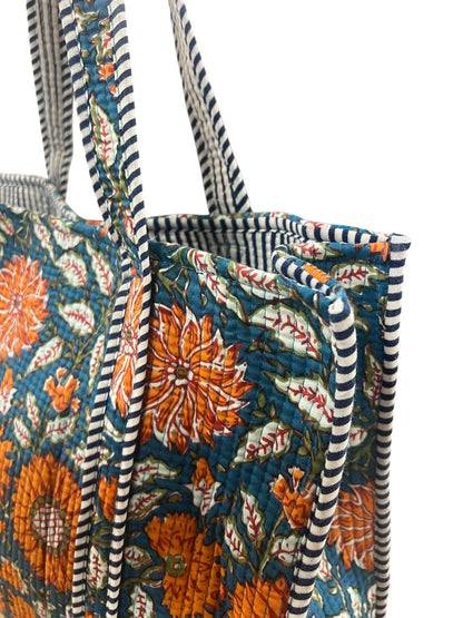 Quilted Cotton Bag in Blue & Orange Floral