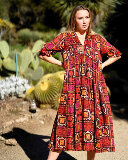 Skye Cotton Dress in Red Geo Print