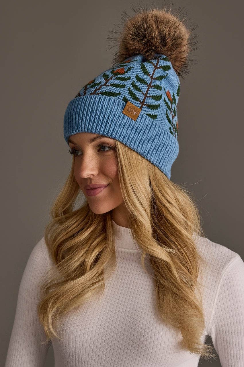 Blue Floral Pattern Pom Hat