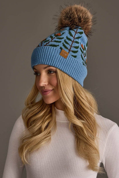 Blue Floral Pattern Pom Hat