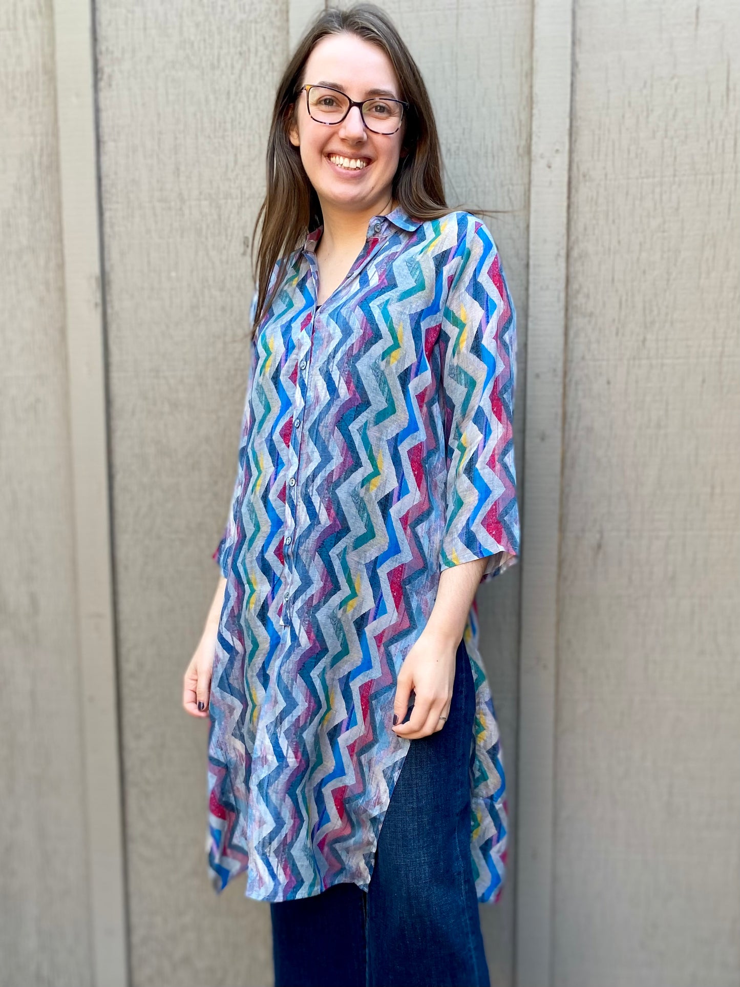 Button Up Tunic in Vertical Zig Zag