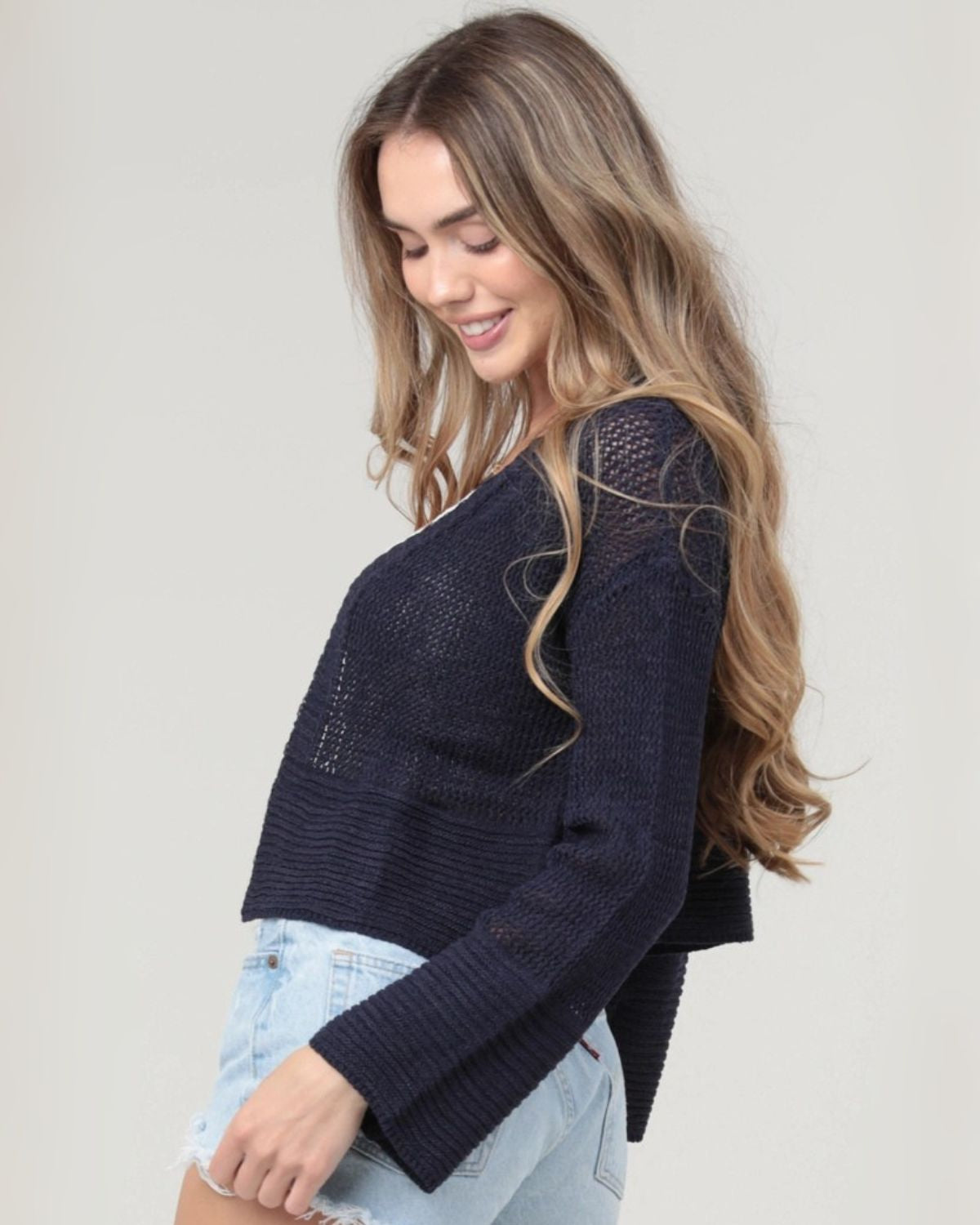 Lightweight Open Knit Cardigan in Navy