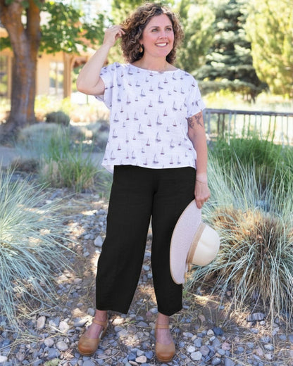 Linen Lantern Crop Pants in Black | Fenini