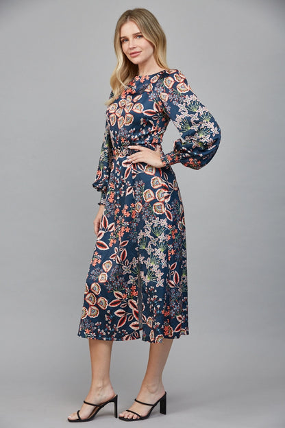 Balloon Sleeve Midi Dress in Peacock