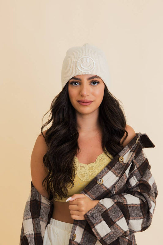 Happy Face Embroidered Beanie in Vanilla