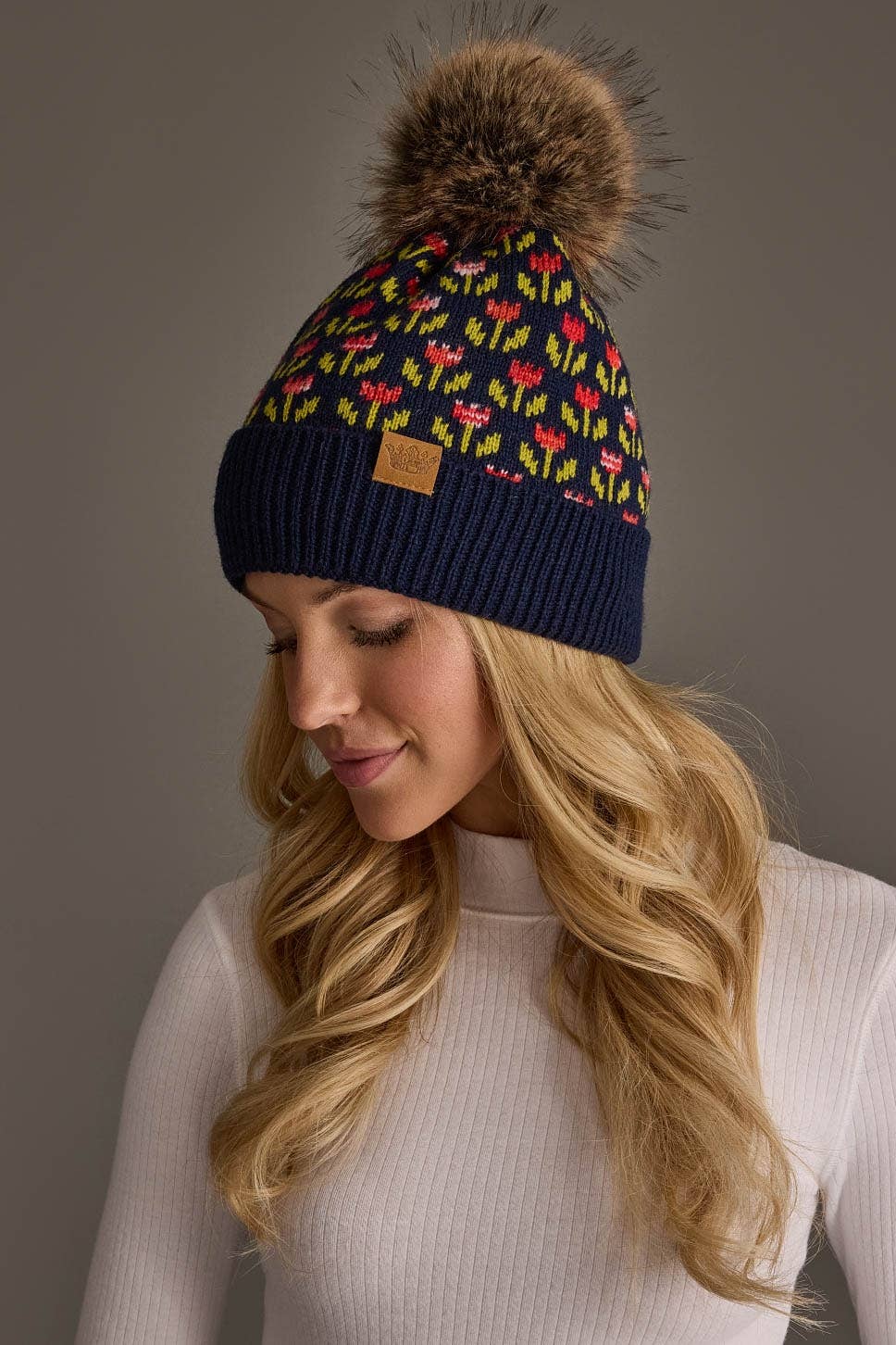 Navy Small Floral Pattern Pom Hat