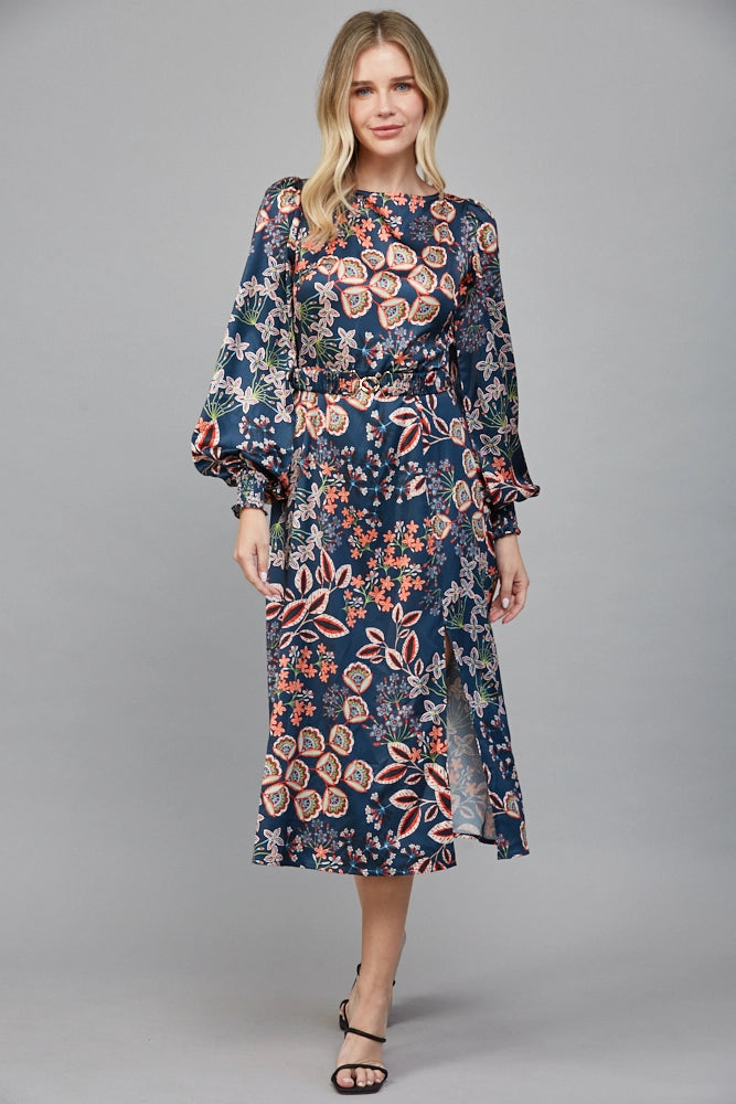 Balloon Sleeve Midi Dress in Peacock