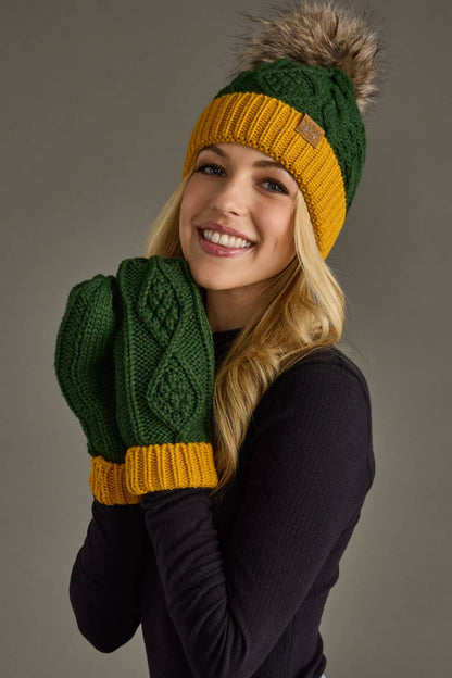 Green & Gold Cable Knit Pom Hat