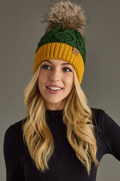 Green & Gold Cable Knit Pom Hat
