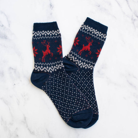 Navy Christmas Deer Socks