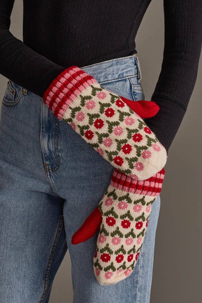 Cream, Red & Pink Floral Pattern Mittens