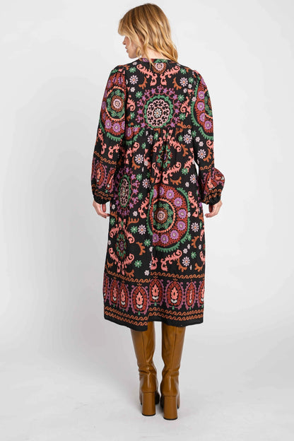 Colorful Medallion Blouson Sleeve Dress