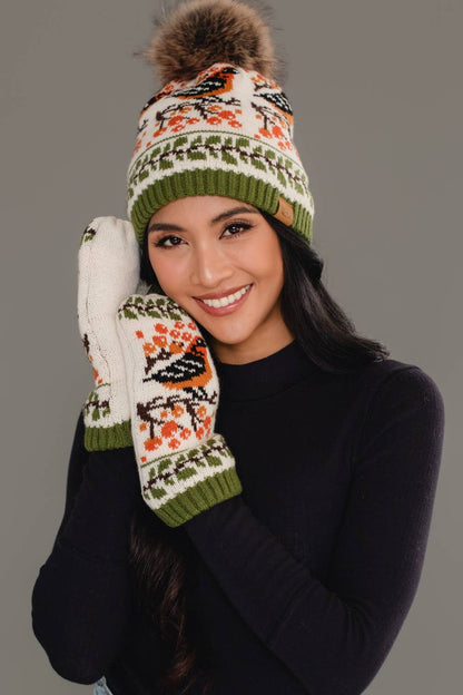 Olive & Cream Bird Pattern Pom Hat
